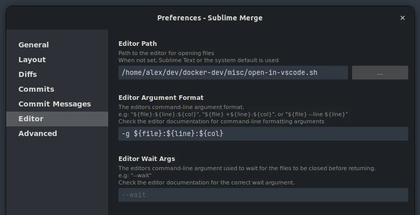 Sublime Merge external editor configuration.