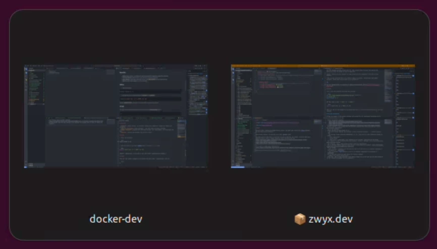Two VS Code windows with different customisation to differentiate containerised applications.